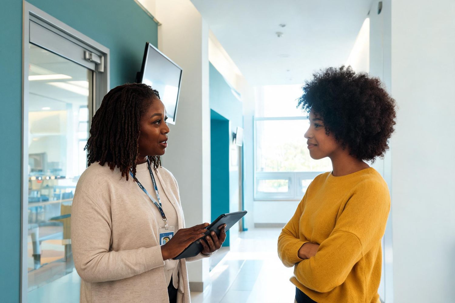 Two teachers in conversation in a school corridor