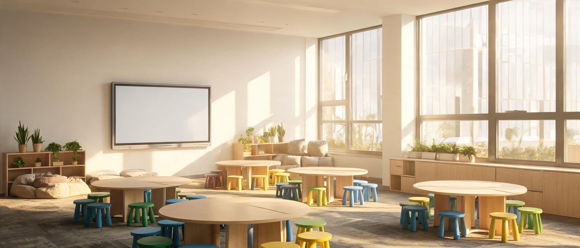 An empty modern classroom in late afternoon light