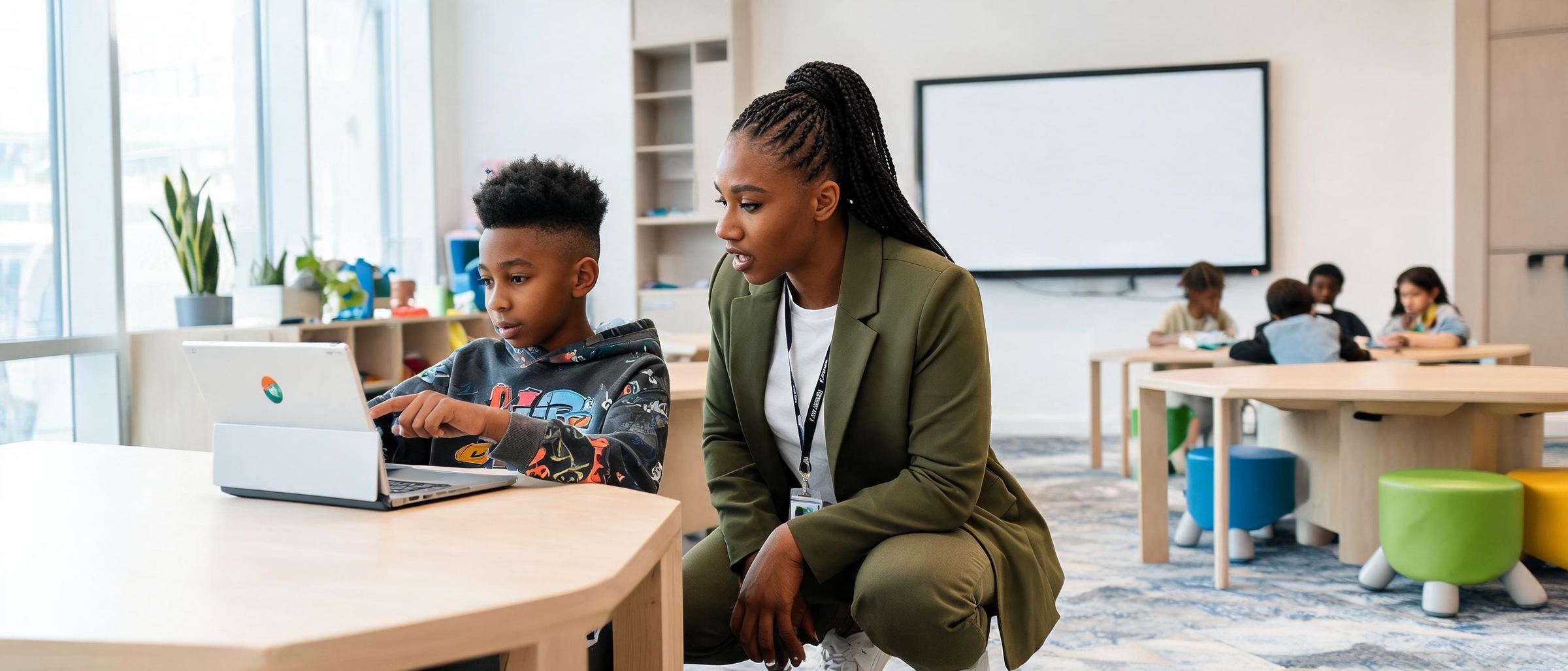 A teacher crouched beside a student at his laptop in a bright modern classroom