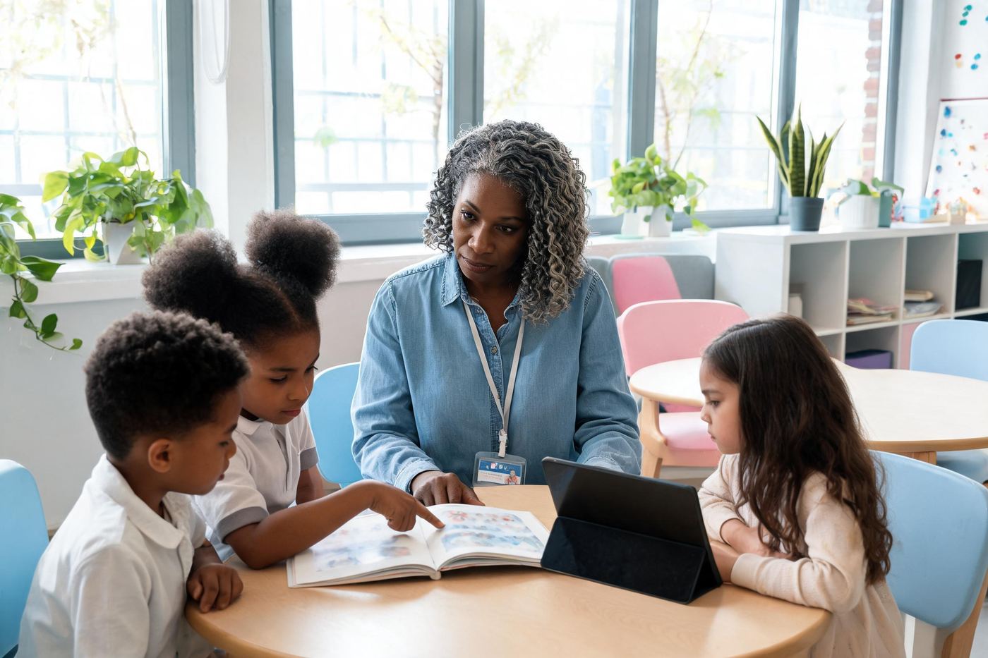 A teacher working with a small group of young readers