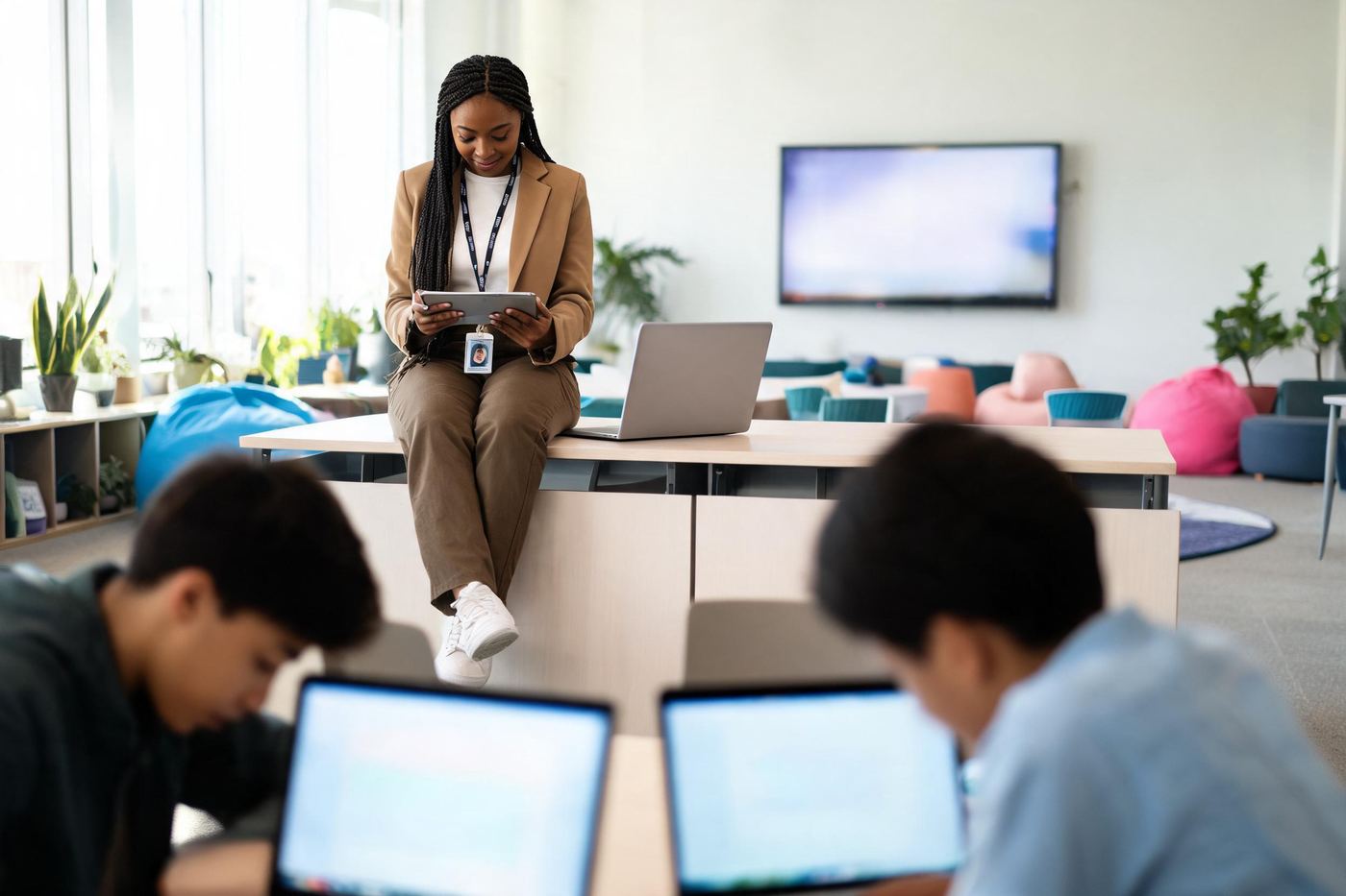 A teacher working with a tablet while students learn nearby