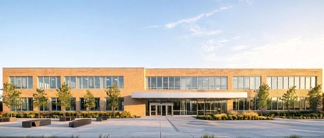 A modern public elementary school at golden hour